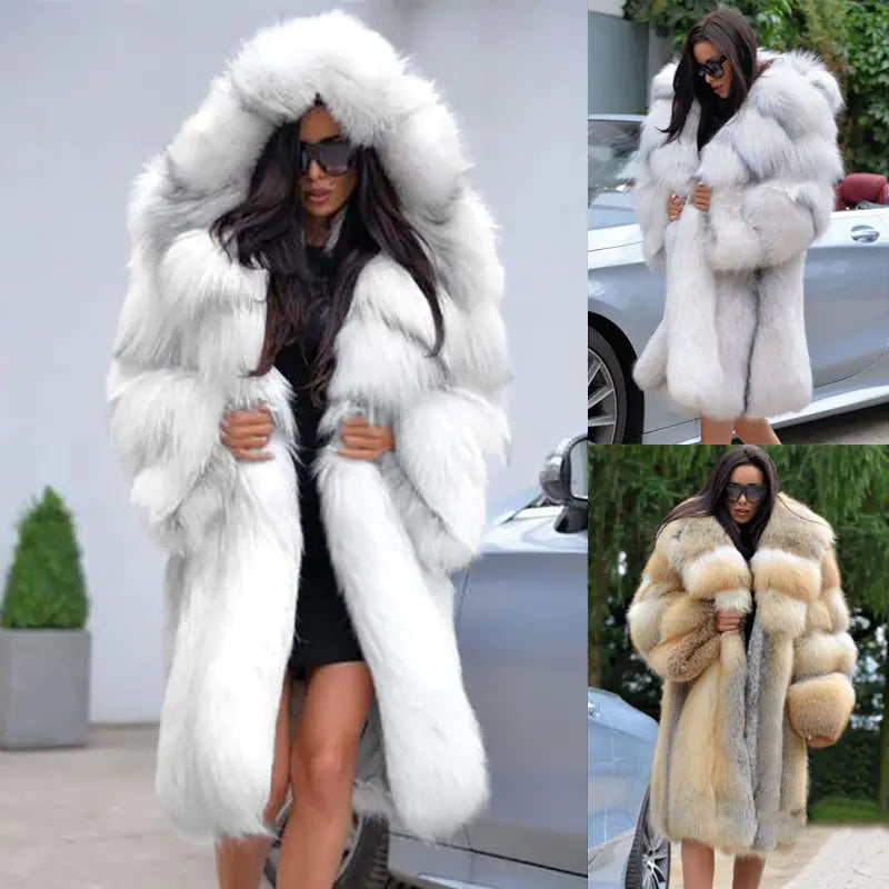 European Style Hooded Faux Fur Coat - Women's Luxury | Black Friday Sale