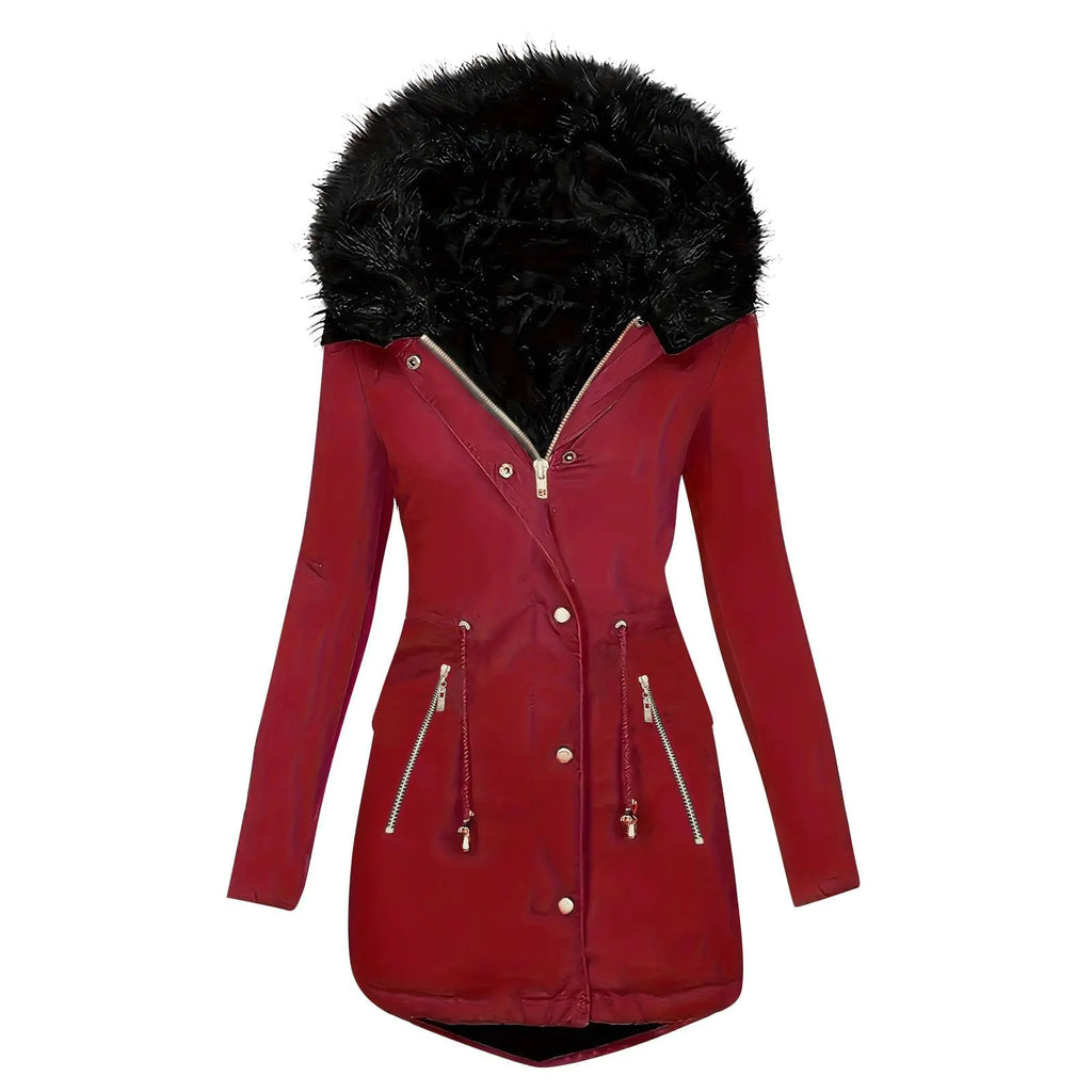 Women's Mid-Length Sherpa-Lined Winter Coat with Fur Hood | New