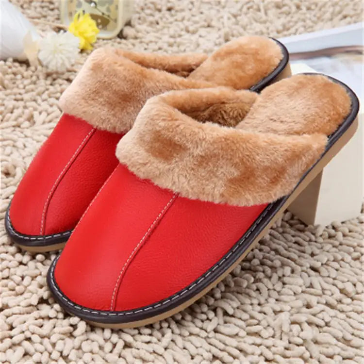 Winter Cowhide Cotton Plush Slippers for Men and Women