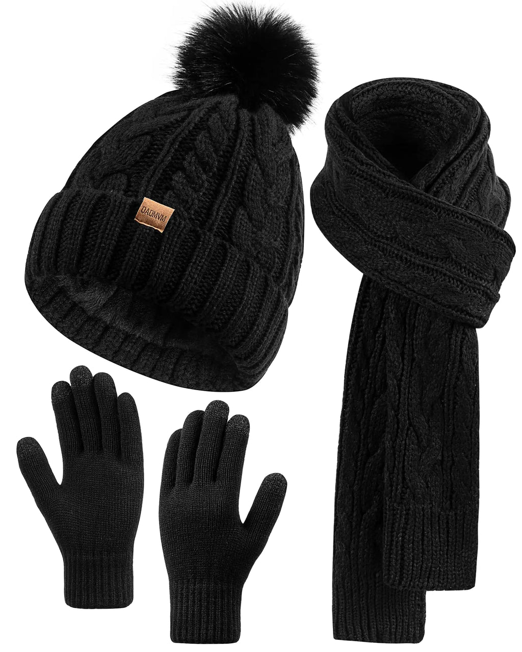 Women's Winter Set - Pom Pom Beanie, Scarf & Touchscreen Gloves