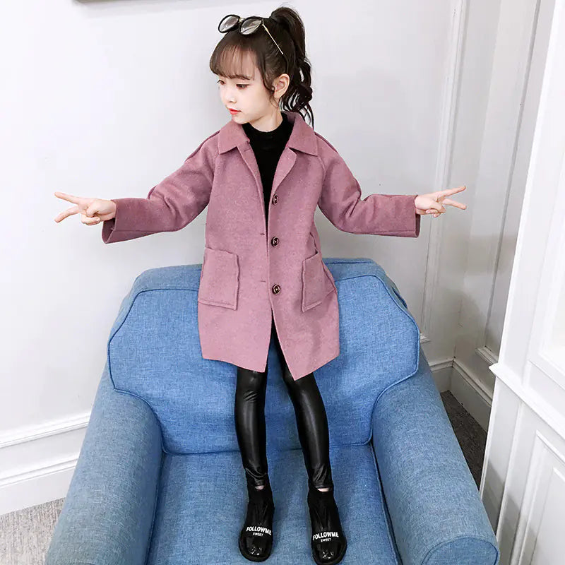 Girls' Thick Woolen Overcoat - Warm Winter Coat