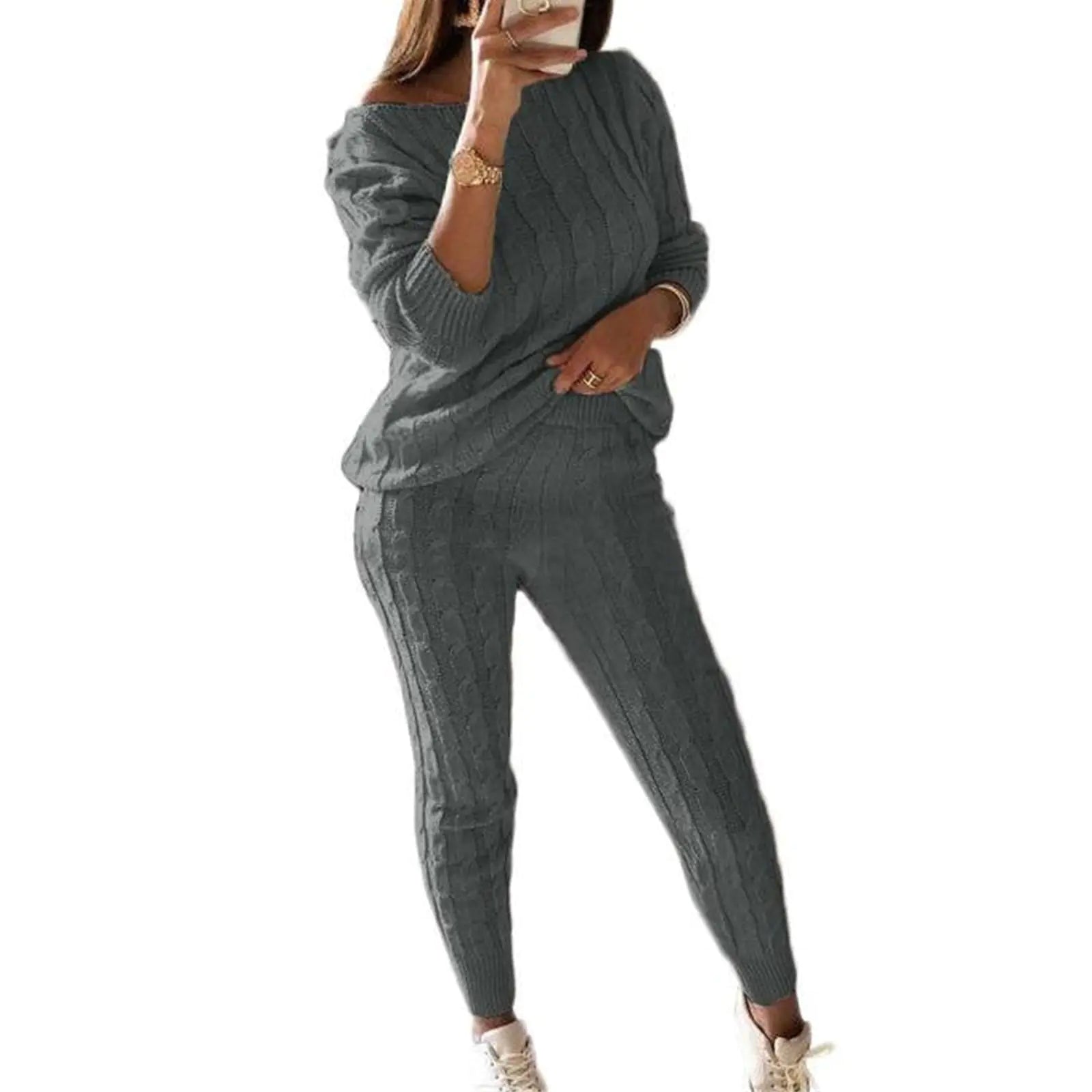 Womens Winter Chunky Cable Knit Long Skirt 2 Piece Outfit Sweater Sets