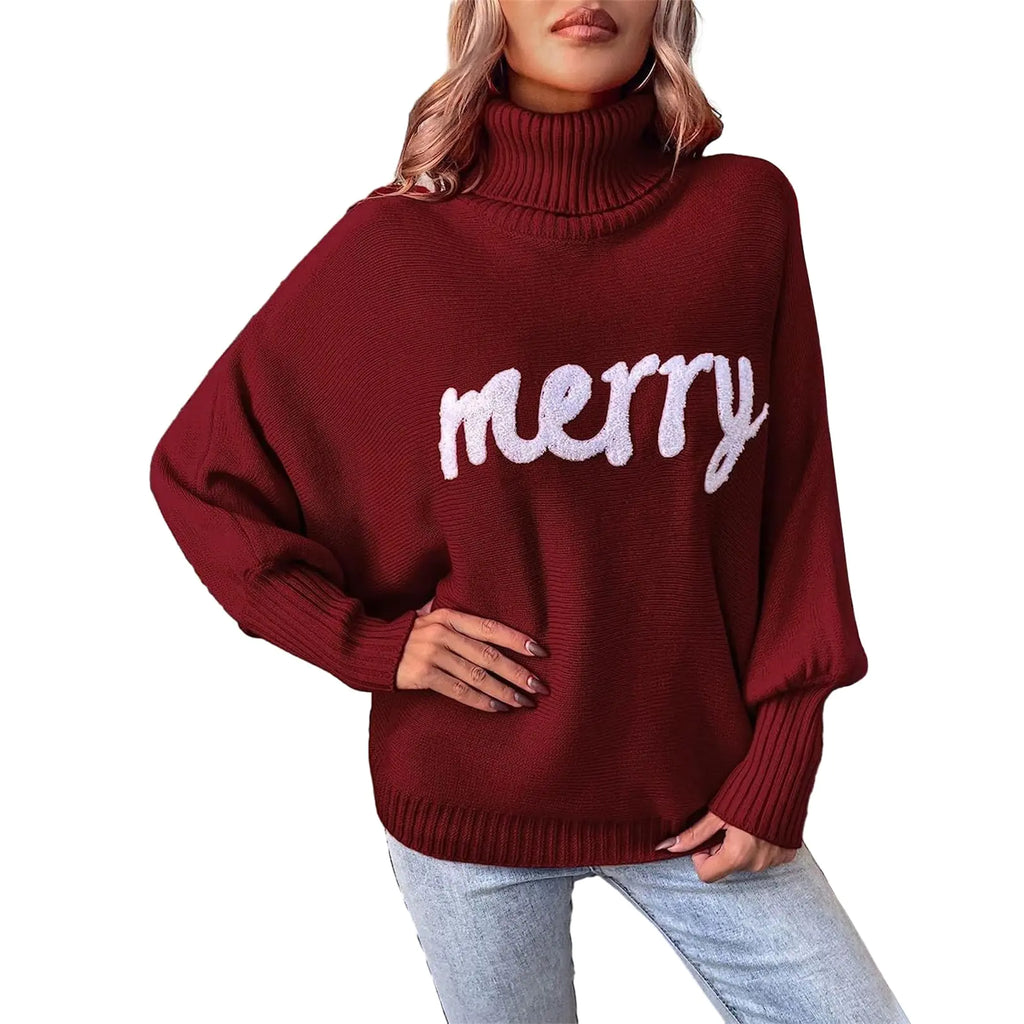 Women's Oversized Christmas Sweater - Merry Print Turtleneck Pullover with Batwing Sleeves