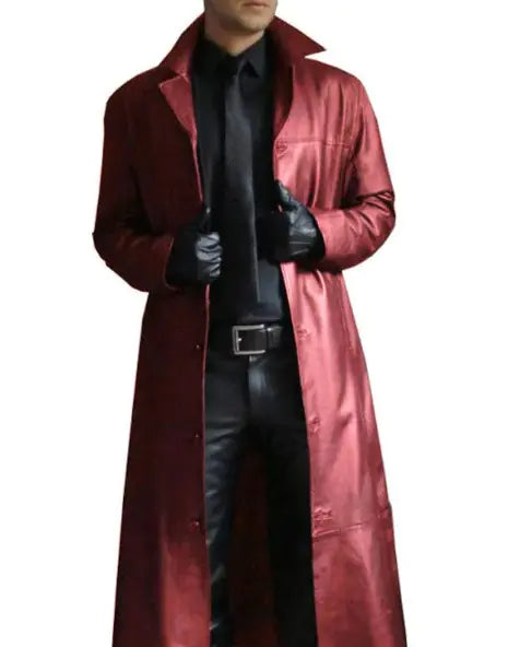 Men's Slim Fit Leather Trench Coat - Lapel Collar Windbreaker