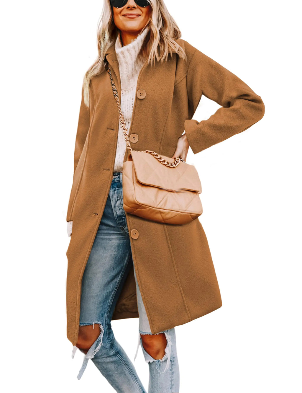 Women's Camel Wool Blend Pea Coat - Long Single-Breasted Winter Trench Overcoat