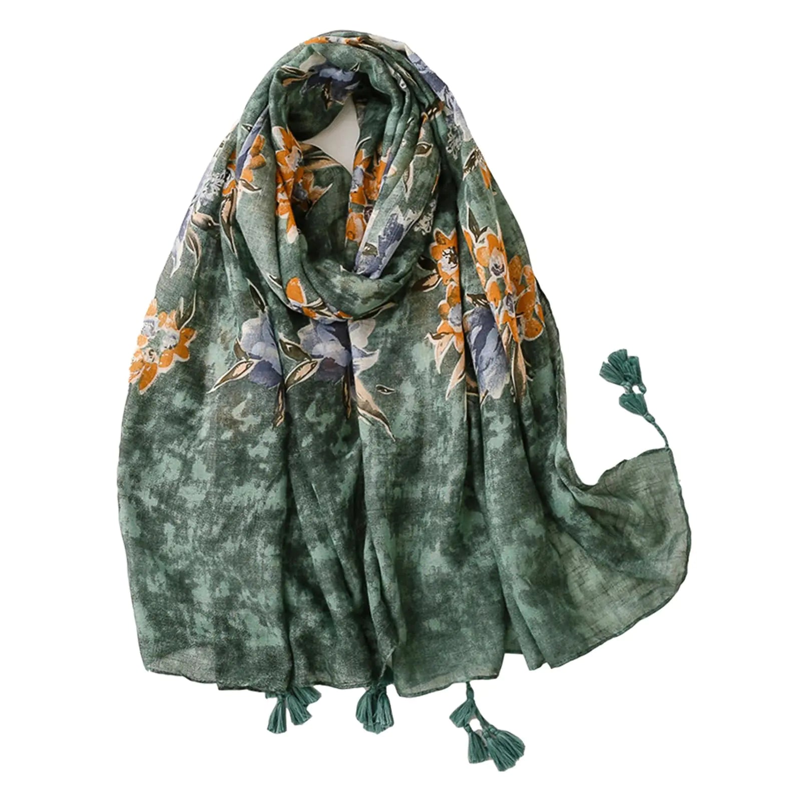 Women's Boho Scarf - Green Floral Print Shawl with Fringe