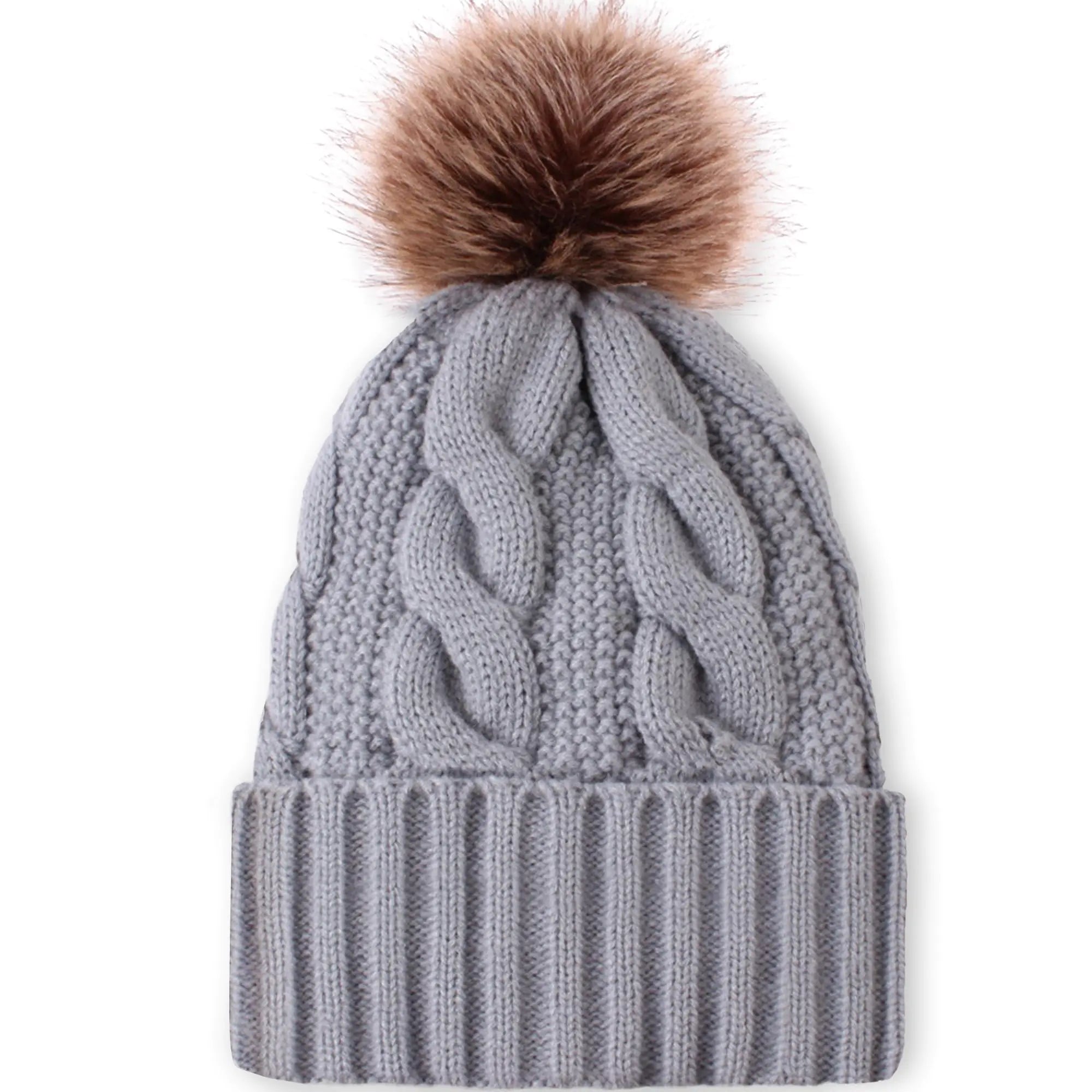 TAROSE Women's Winter Beanie - Pom Pom Hat with Faux Fur Lining (Grey)