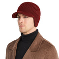 AkiiGer Men's Winter Hat - Fleece-Lined Beanie with Brim & Earflaps (Claret)