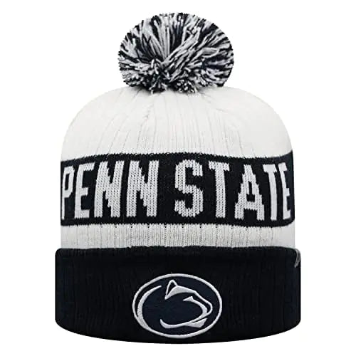 Penn State Winter Pom Beanie - Collegiate Cuffed Knit Hat (White)