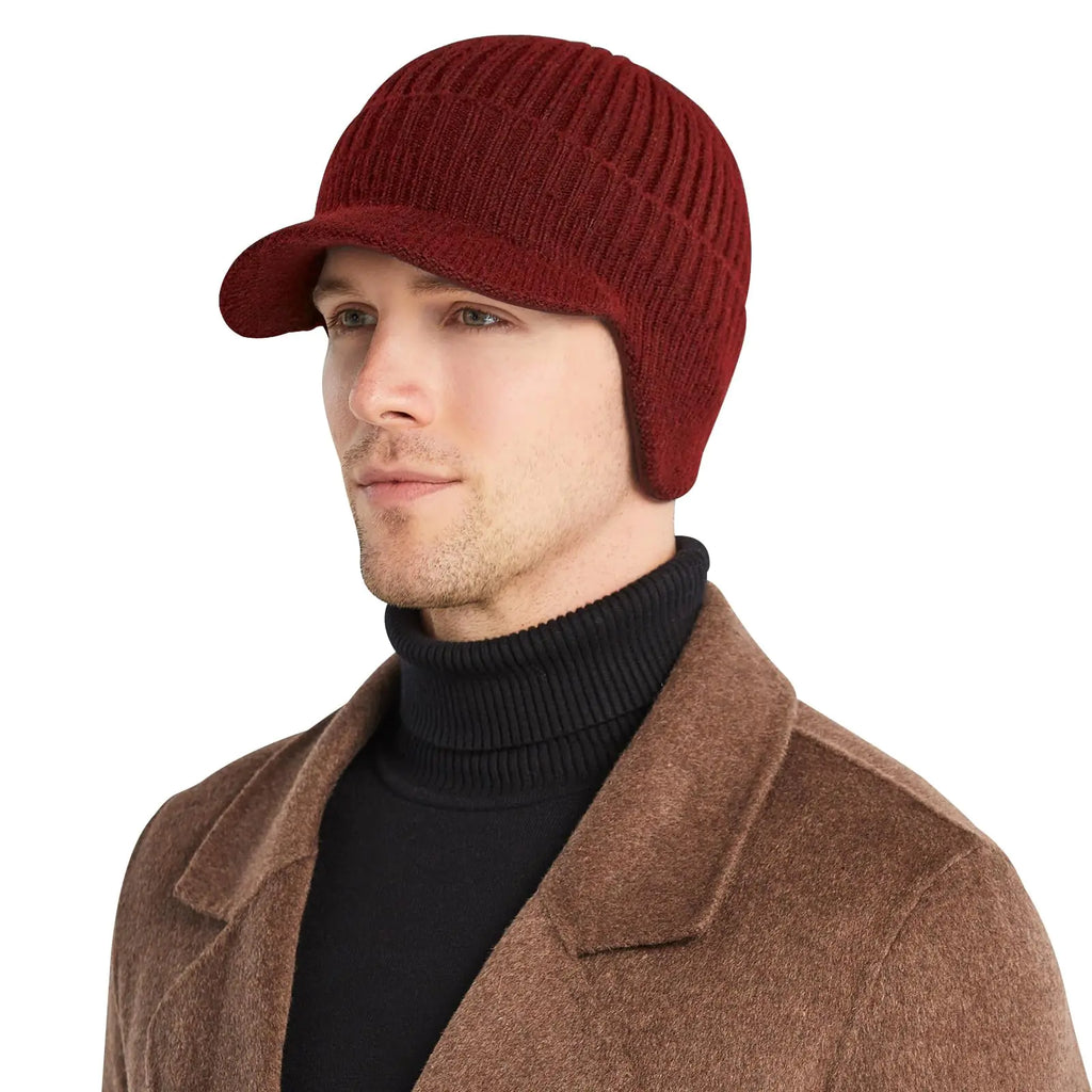 AkiiGer Men's Winter Hat - Fleece-Lined Beanie with Brim & Earflaps (Claret)