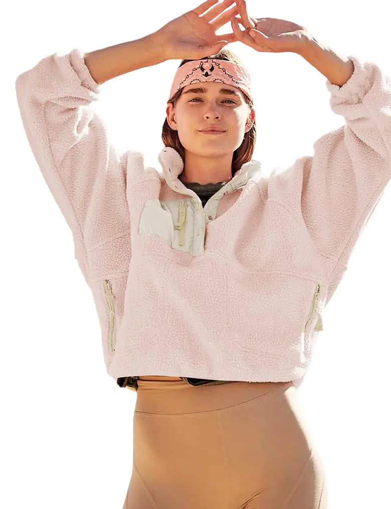 Ladies Sweatshirts Warm Button Fleece Jackets Sherpa Pullover Winter Coats with Pockets Pink XL