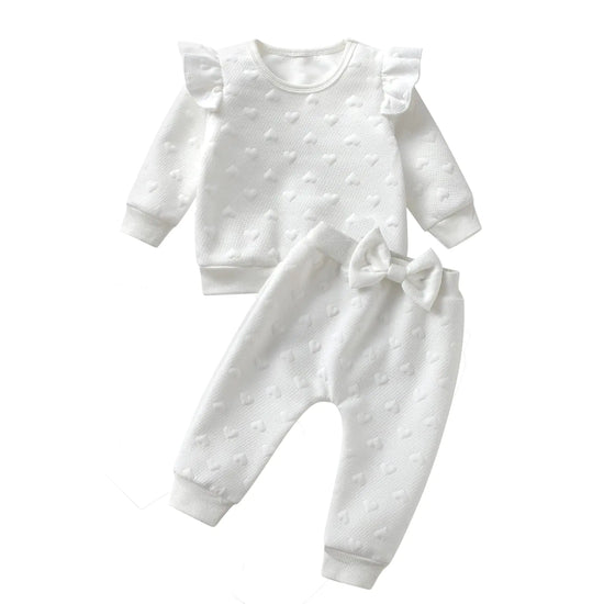 Ensemble bébé fille imprimé cœur - Pull à volants et pantalon à nœud papillon 3-24 mois | Neuf