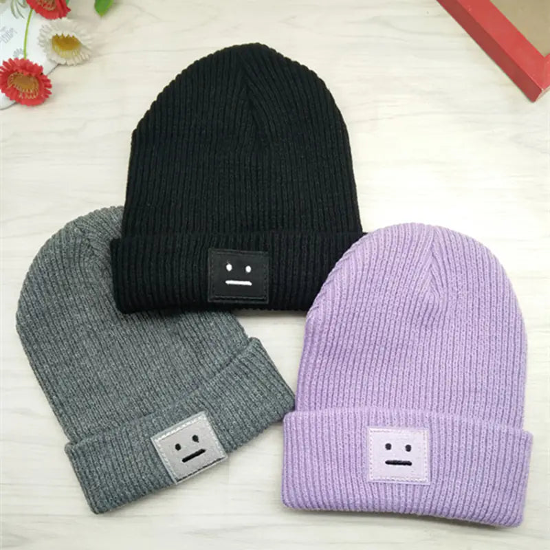 Knit Winter Beanie with Square Smiley Face Design