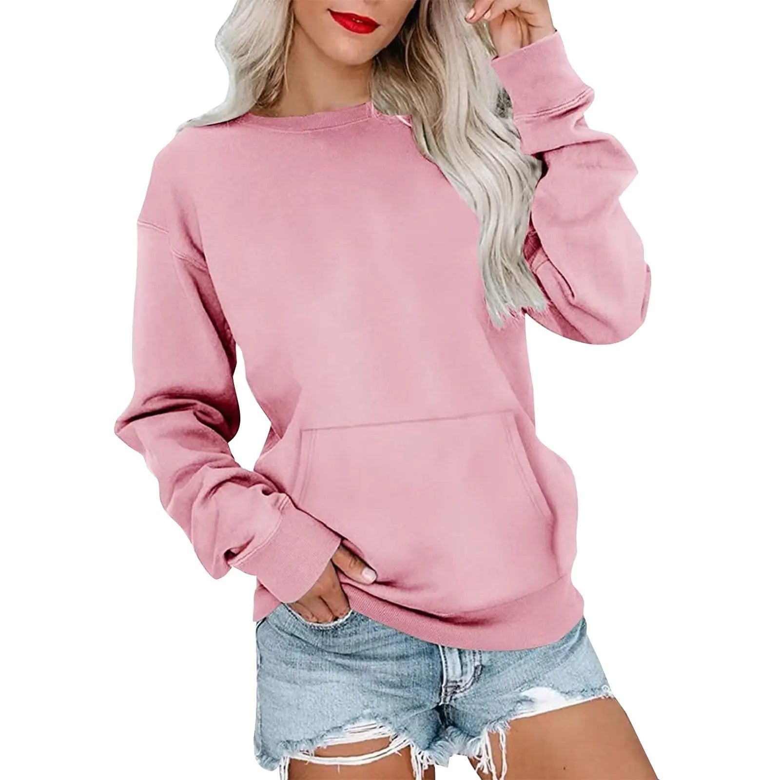 Women's Fleece Crewneck Sweatshirt - Long Sleeve Pullover with Pocket