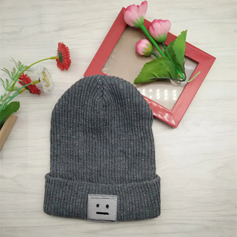 Knit Winter Beanie with Square Smiley Face Design