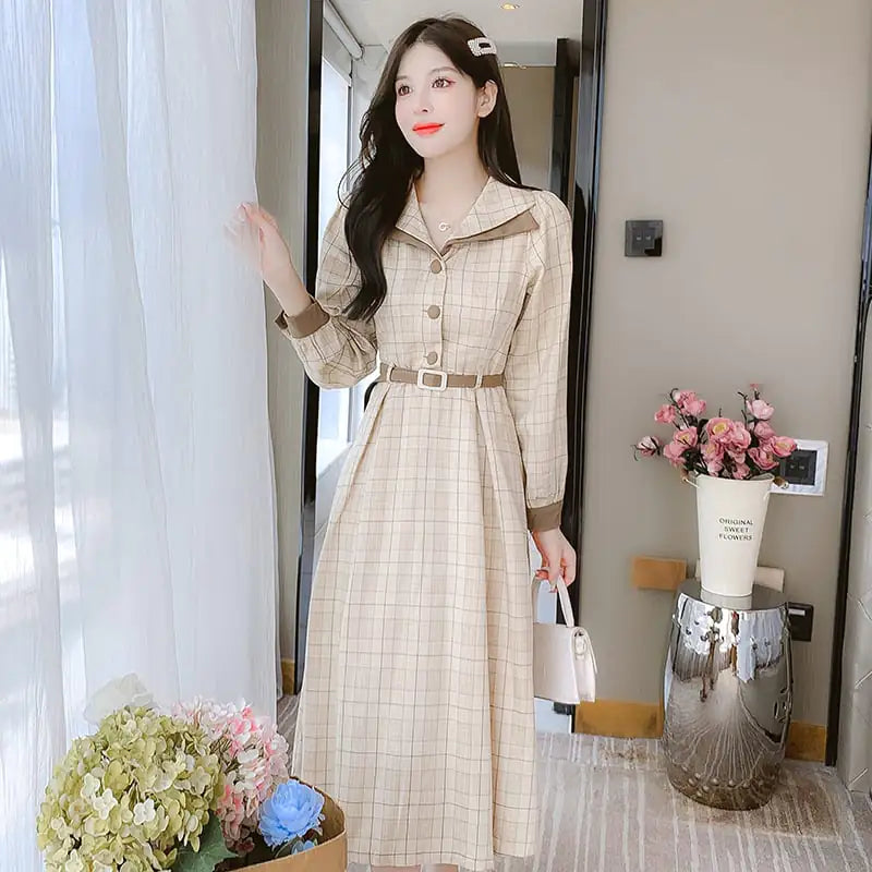 French Retro Plaid Dress for Autumn and Winter
