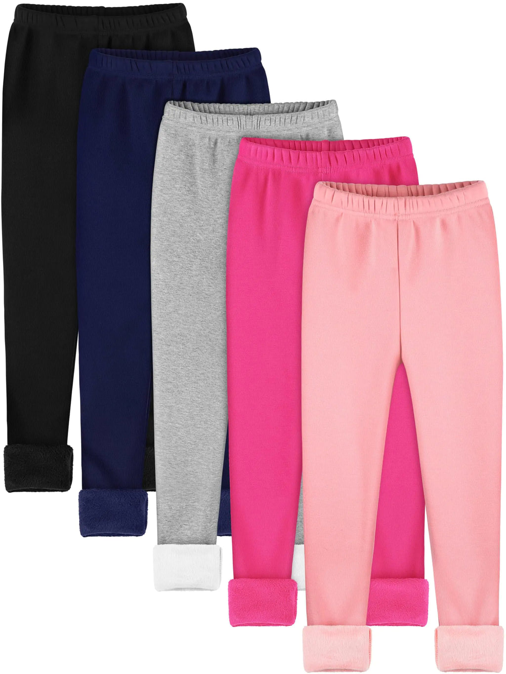 Girls Winter Fleece-Lined Leggings - 5 Pack Thermal Tights for Kids