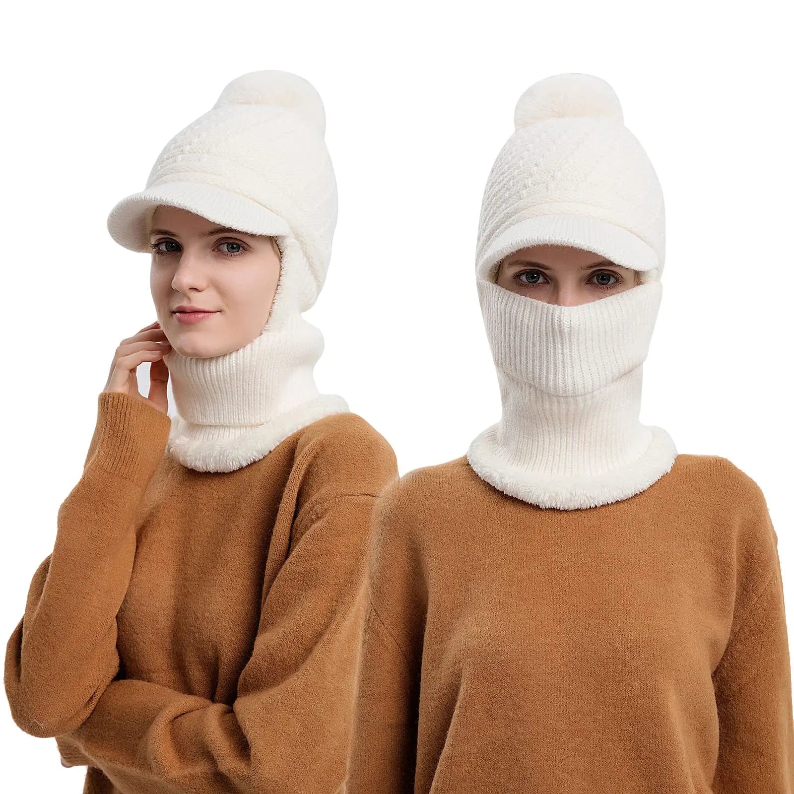 Women's Winter Beanie and Scarf Set - Fleece Lined with Pom (White)