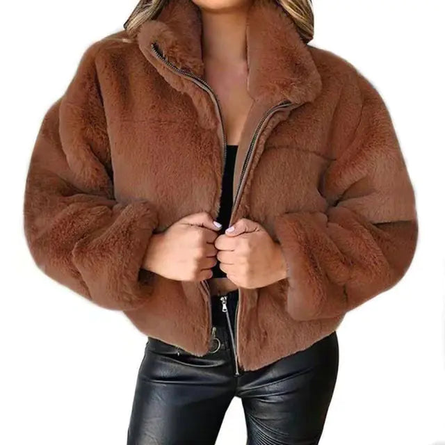 Elegant Women's Faux Fur Coat - Zipper & Collar | Black Friday Sale