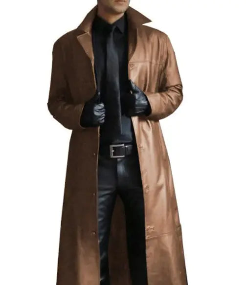 Men's Slim Fit Leather Trench Coat - Lapel Collar Windbreaker