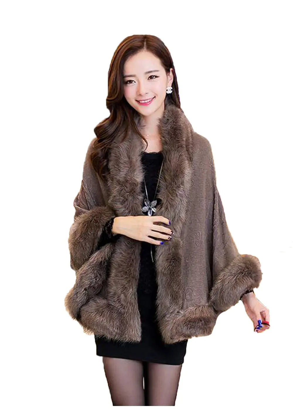 Kelaixiang Faux Fox Fur Shawls Jackets Bridal Cape Coats Wraps Winter Scarves (Brown)