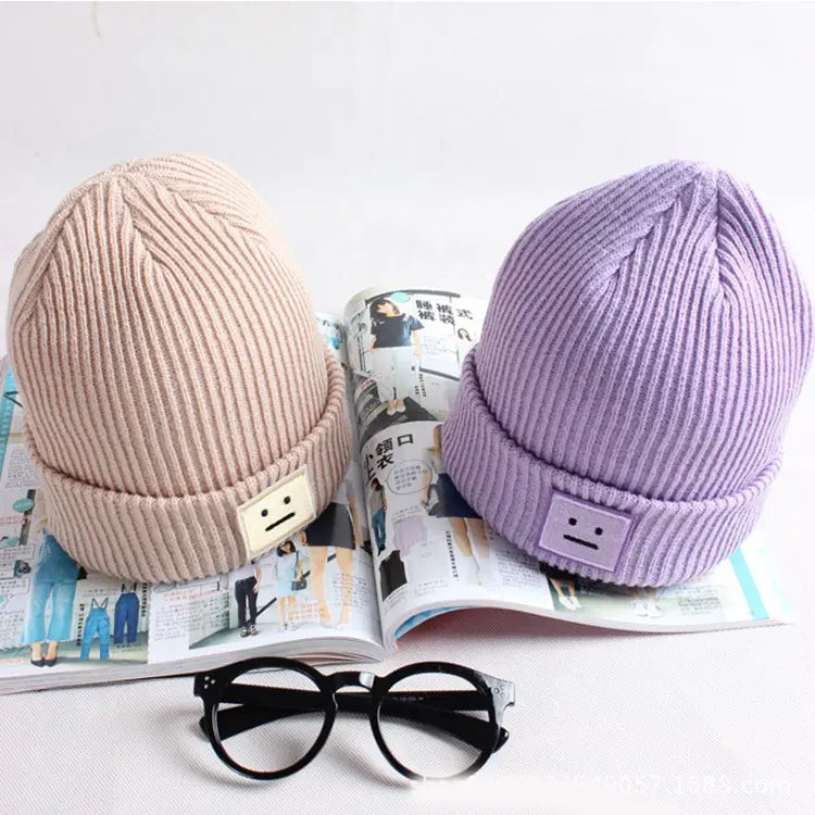 Knit Winter Beanie with Square Smiley Face Design
