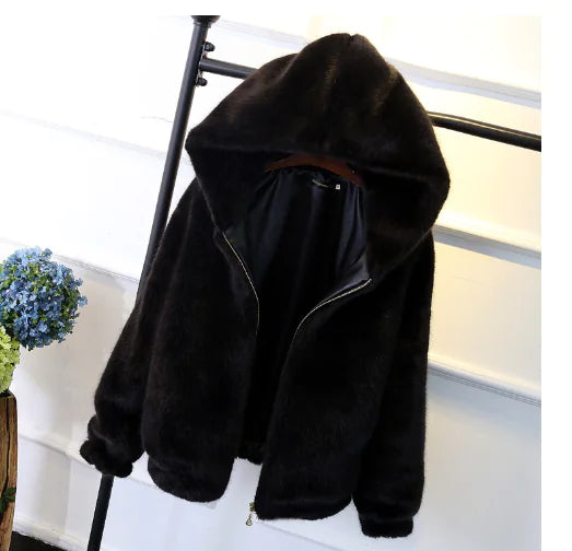 Hooded Short Women's Faux Mink Fur Winter Coat