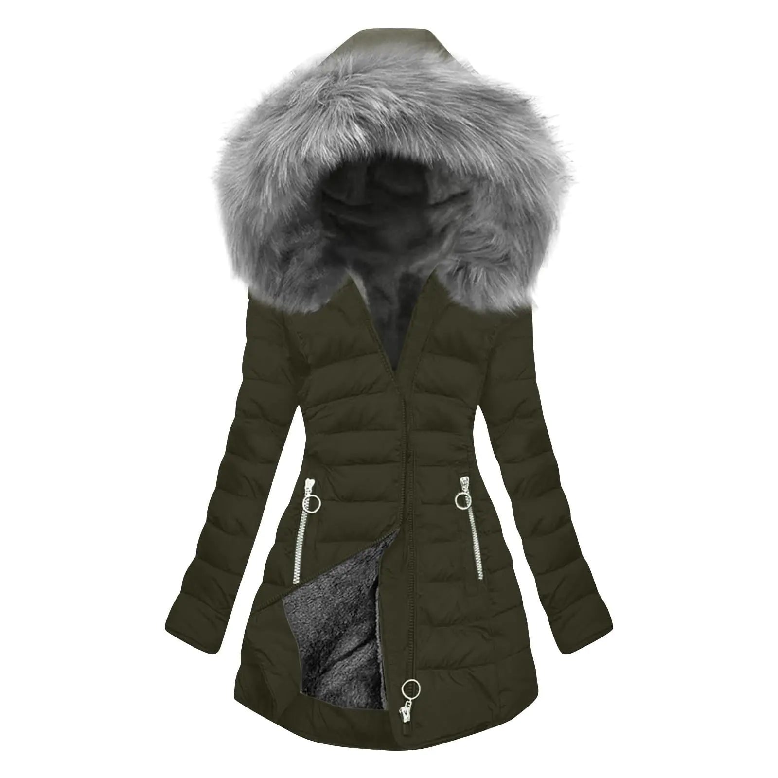Women's Mid-Length Sherpa-Lined Winter Coat with Fur Hood | New