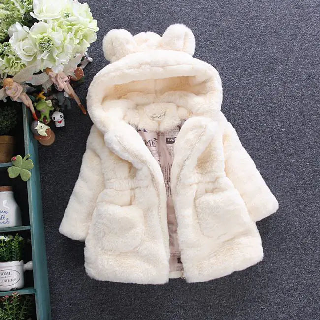 Girls' Faux Fur Coat with Rabbit Ear Sweater |