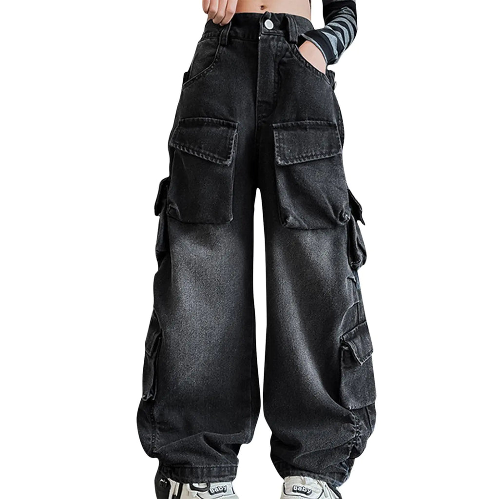 Girls Y2K Baggy Jeans - Distressed Denim Cargo Pants Wide Leg 5-16T