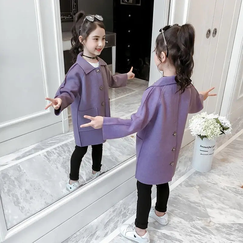Girls' Thick Woolen Overcoat - Warm Winter Coat