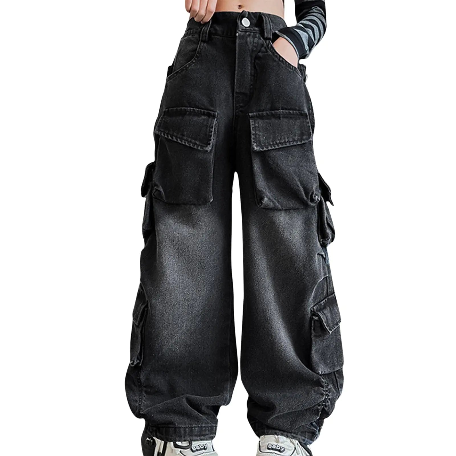 Girls Y2K Baggy Jeans - Distressed Denim Cargo Pants Wide Leg 5-16T