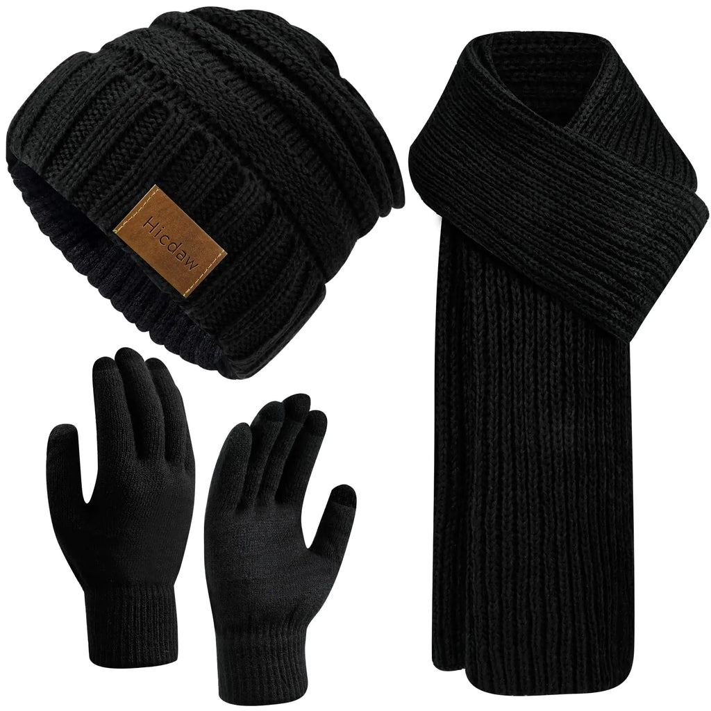 Women's Winter Hat, Gloves & Scarf Set - Fleece Lined Knit Beanie with Touchscreen Gloves