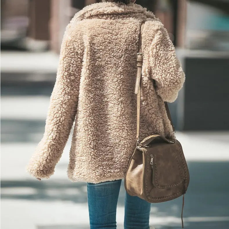 Women's Plush Winter Coat - Trendy Lapel Design Overcoat