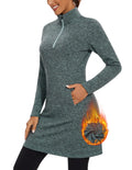 Women's Fleece Quarter-Zip Thermal Dress with Pockets - Green