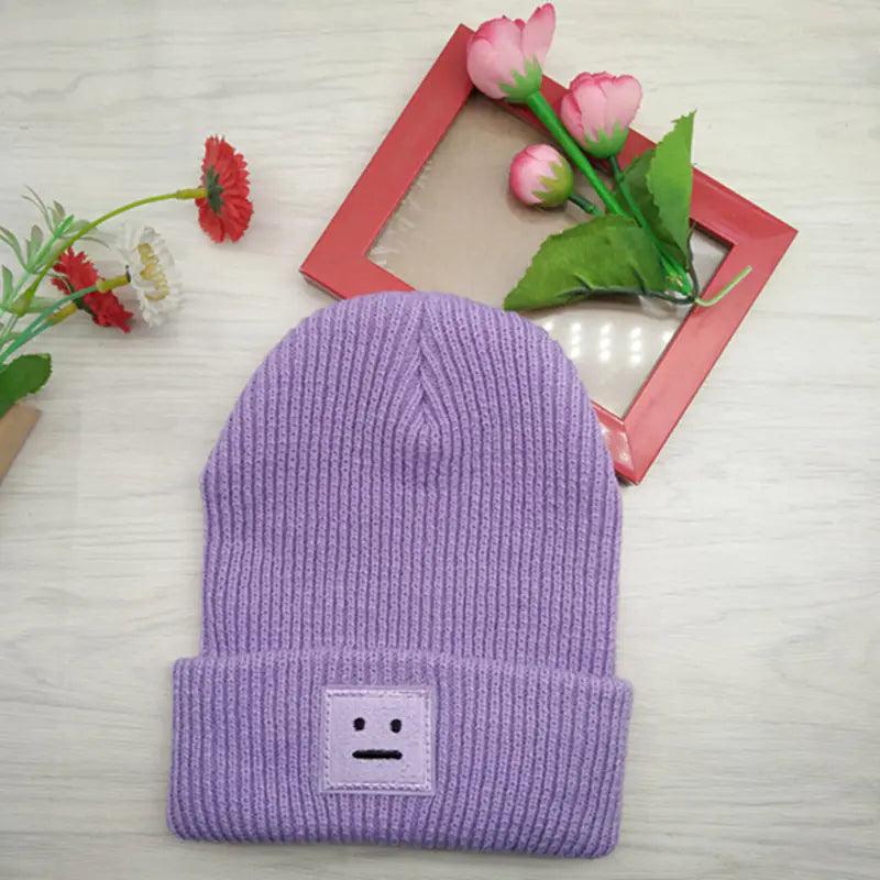 Knit Winter Beanie with Square Smiley Face Design