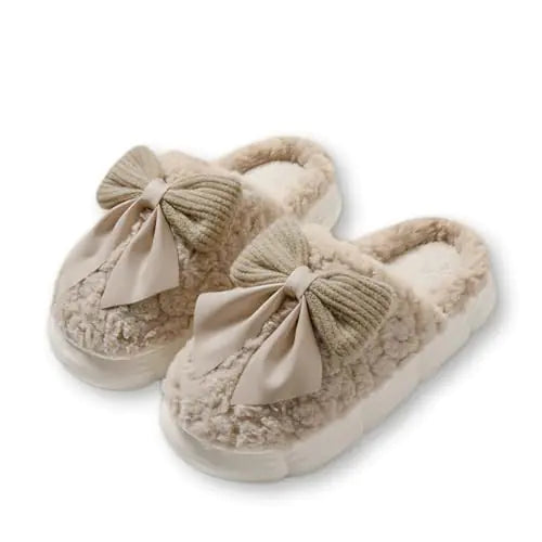 ULPOCMU Women Bow Slipper for Fall Winter Thick Sole Indoor Cute Fuzzy Footwear (7.5Brown)