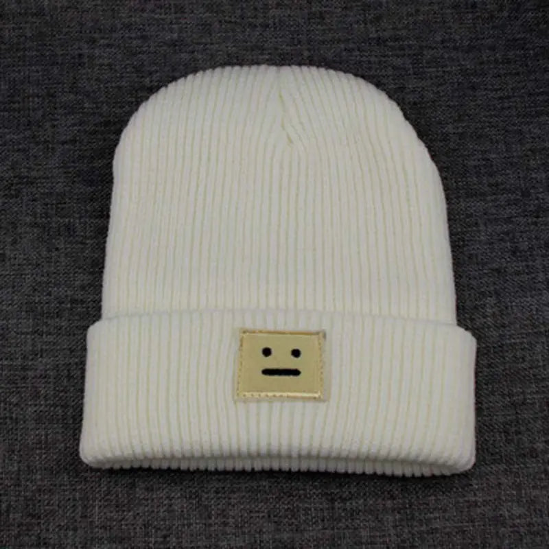 Knit Winter Beanie with Square Smiley Face Design