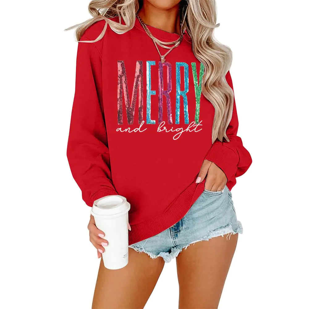 Women's Merry and Bright Christmas Sweatshirt - Xmas Crewneck Pullover