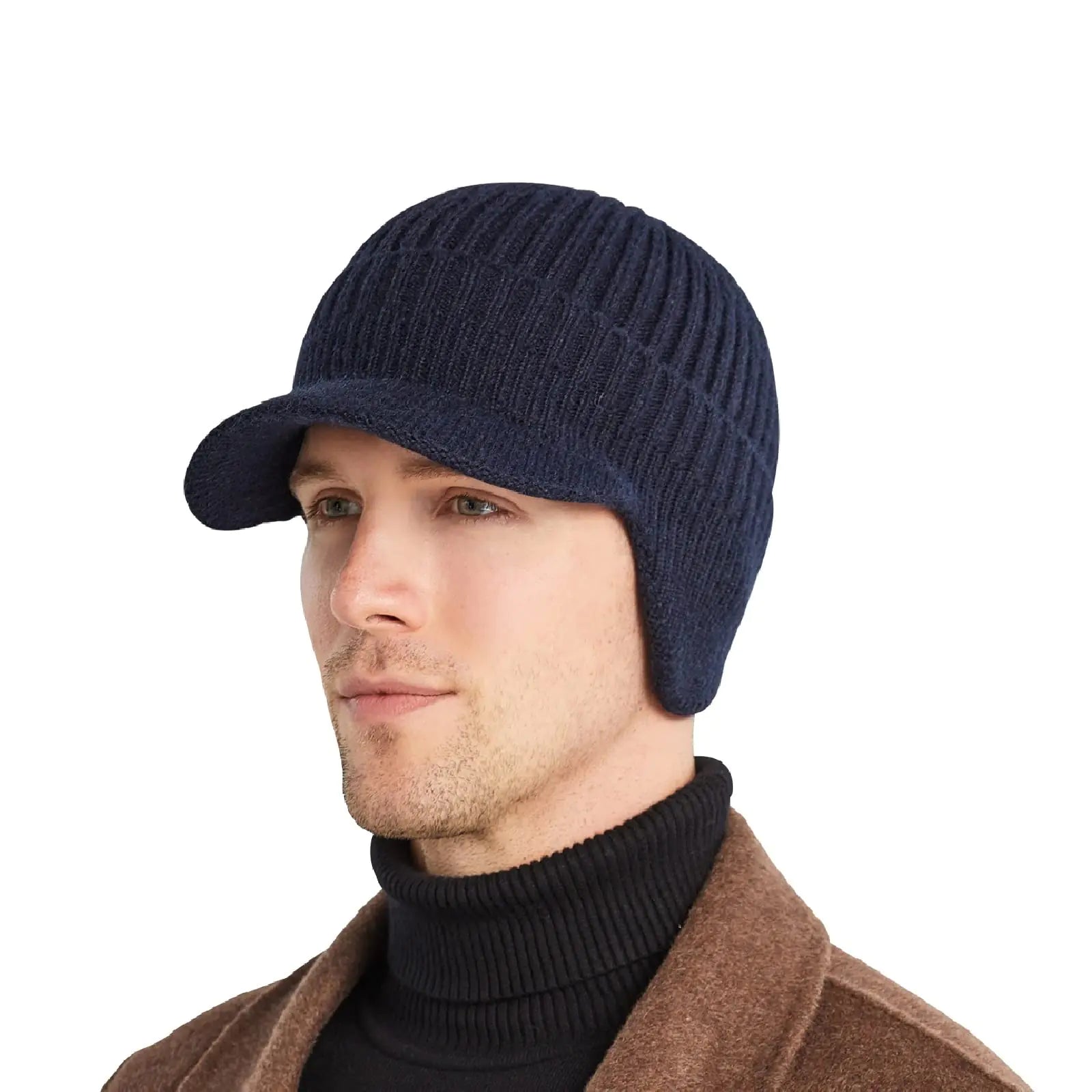 AkiiGer Men's Winter Hat - Fleece-Lined Beanie with Brim & Earflaps (Claret)