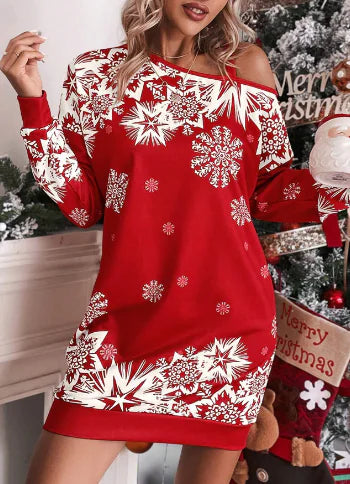 Diagonal Print Shoulder Fall/Winter Dress for Women | New