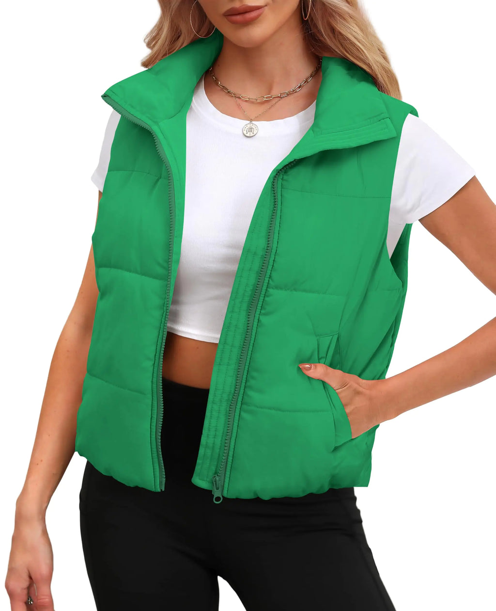 SAMPEEL Green Puffer Vest - Cropped Lightweight Winter Outerwear (XS)