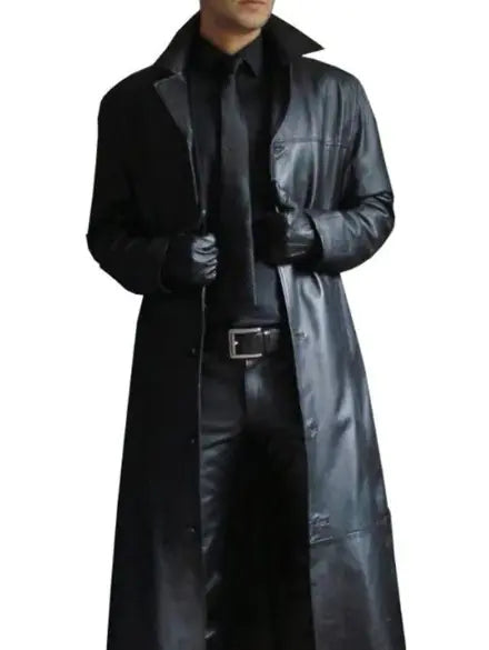 Men's Slim Fit Leather Trench Coat - Lapel Collar Windbreaker
