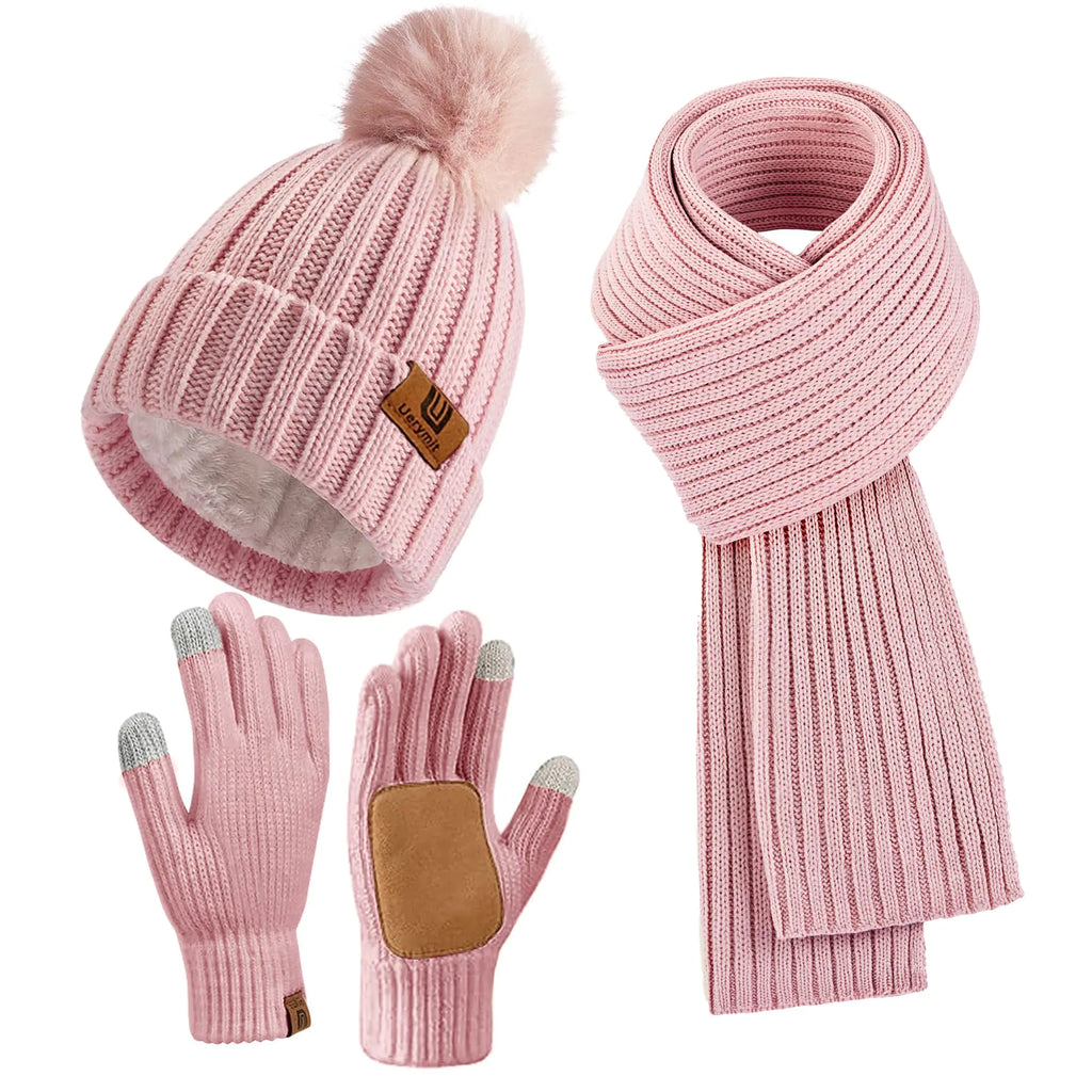 Women's Winter Set - Beanie, Scarf & Touchscreen Gloves (Pink)