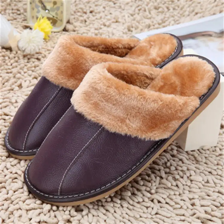 Winter Cowhide Cotton Plush Slippers for Men and Women