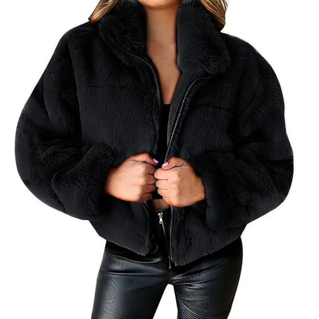 Elegant Women's Faux Fur Coat - Zipper & Collar | Black Friday Sale