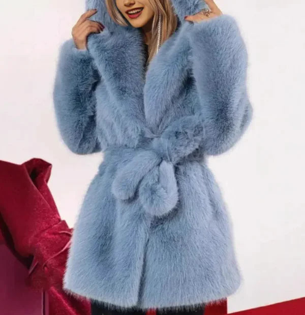 Hooded Strap Faux Fur Coat - Unique Design |
