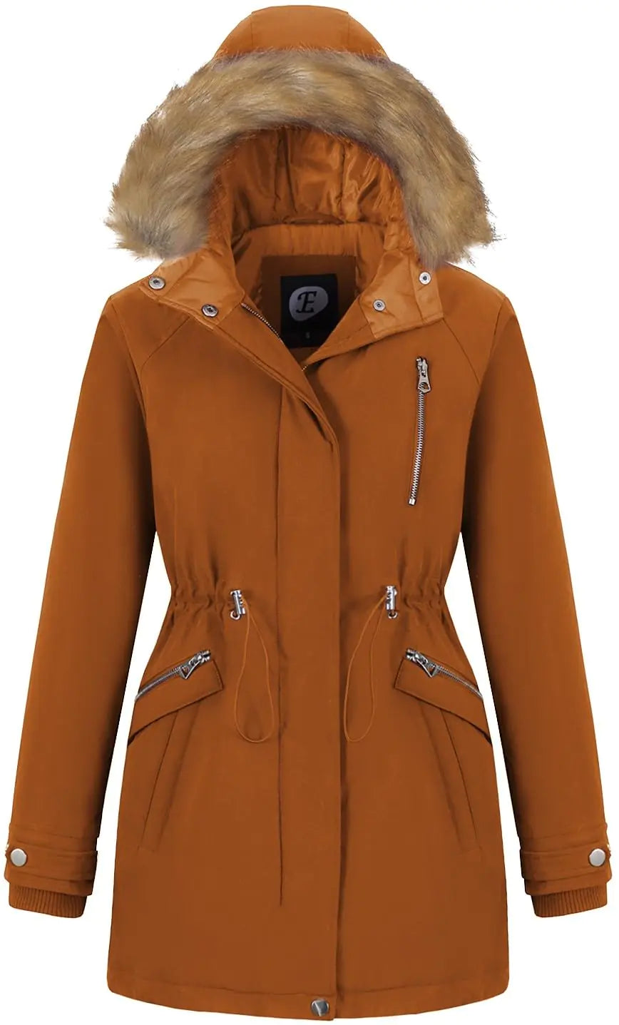 Women's Faux Fur Hooded Winter Parka - Vibrant Orange XX-Large