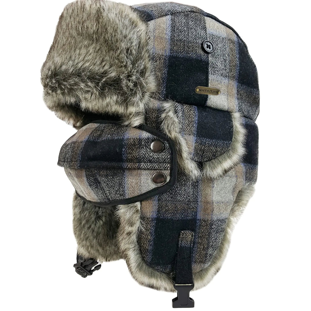 Unisex Winter Trapper Hat with Ear Flaps and Windproof Mask for Hunting Skiing Winter Outdoor Activities (Grey Plaid L)
