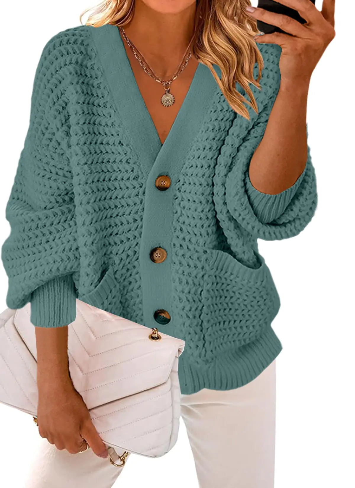 Women's Oversized Chunky Knit Cardigan - Cable Knit Button-Up Sweater with Pockets